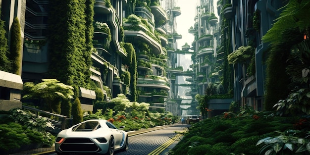 Urban fusion futuristic car drives through cityscape with vertical gardens creating stunning blend o