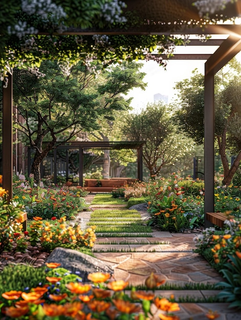 Urban garden design with tree canopies flower beds a serene sunny city retreat inviting and peaceful