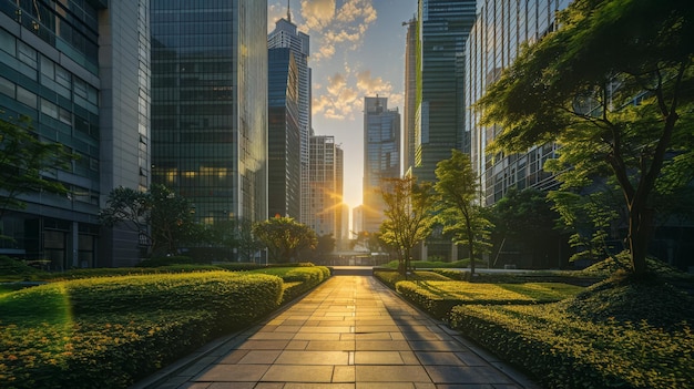 Urban garden with skyscrapers and morning sunlight in business district ideal for modern business