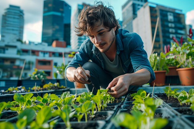 Photo urban gardener tending to rooftop plants