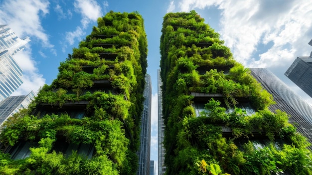 Photo urban gardening and rooftop farms integrated into green architecture showcasing sustainable living and ecoconscious city planning