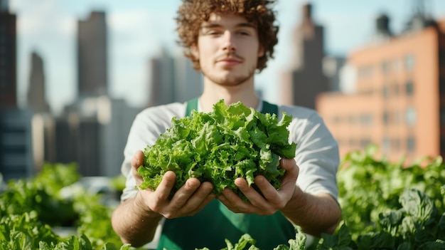 Urban Gardening A Young Man Proudly Displays Freshly Harvested Vegetables Amidst City Landscape