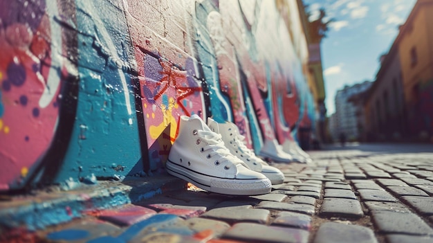 Photo urban graffiti wall sneakers white tennis shoes brick sidewalk street fashion