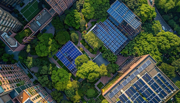 Urban green energy aerial view of solar panels among lush trees in a modern city illuminated by golden sunlight