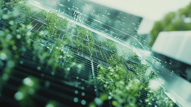 Photo urban greenery thriving in a digital landscape at a futuristic city park with vertical gardens amid technological advancements