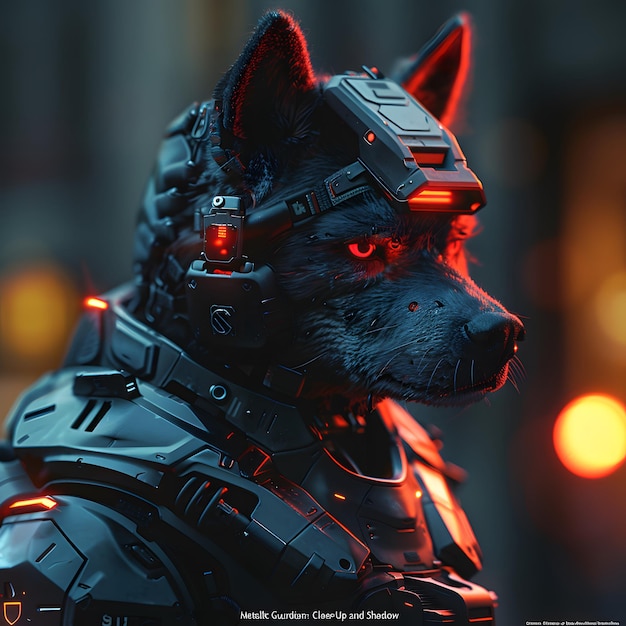 Urban Guardian CloseUp of Mech Husky in Futuristic Cityscape Capture the Mech Husky in a close