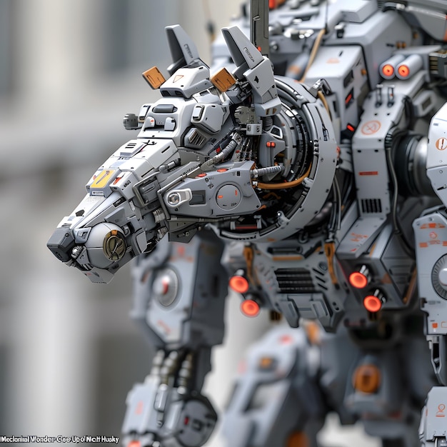 Urban Guardian CloseUp of Mech Husky in Futuristic Cityscape Capture the Mech Husky in a close