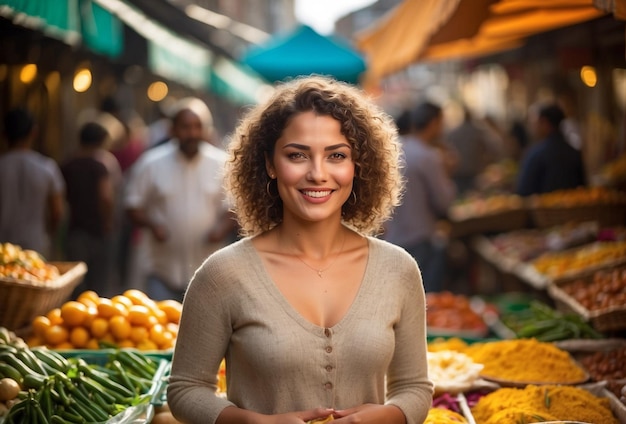 Urban Harvest Beauty Portrait of a Girl Amidst the Bustle of an Urban Vegetable Market Capturing Vibrancy and Freshness in the Heart of the City