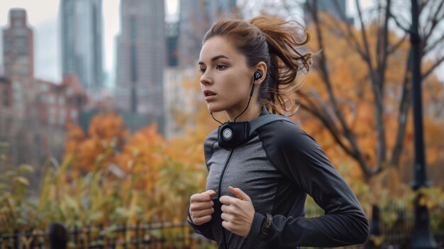 Photo urban jogger with selfdefense whistle running in fall cityscape fitness safety and autumn vibes