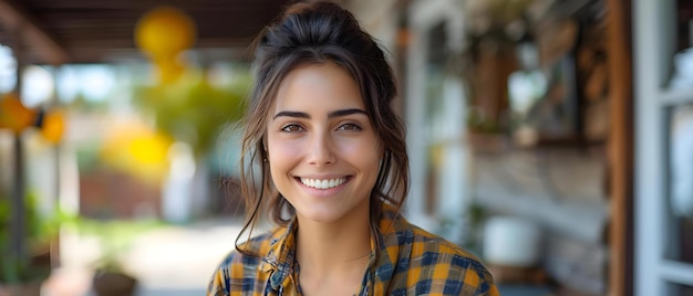 Urban Joy Gen Z Woman with a Bright Smile in Stylish Plaid Concept Urban Life Chic Fashion Positive Vibes Bright Smiles