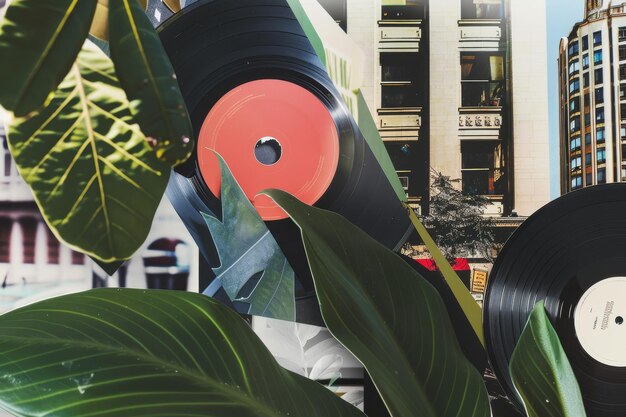 Urban Jungle Meets Retro Vibes Vinyl Records and Cityscape Fusion