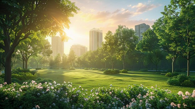 Urban Jungle Sunrise City Park Greenery and Bright Sunlight