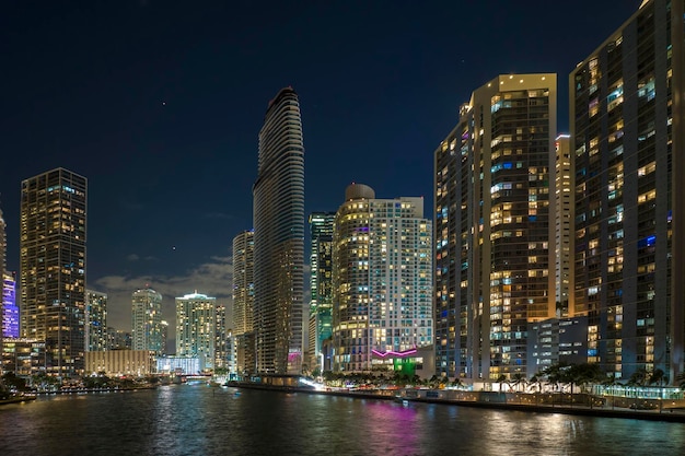 Urban landscape of downtown district of Miami Brickell in Florida USA Skyline with brightly illuminated high skyscraper buildings in modern american megapolis