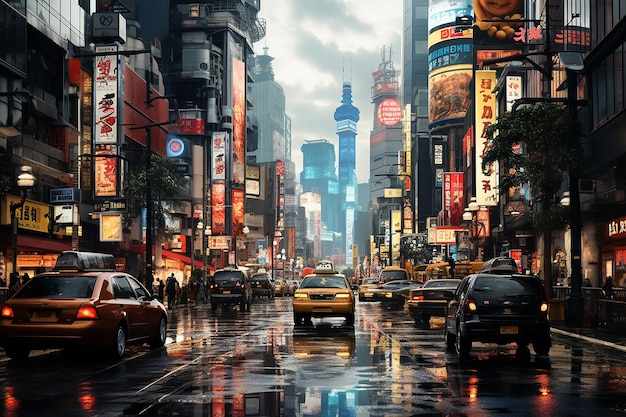 Urban Landscape of the Highway in Tokyo City After Rain with Skyscraper Building