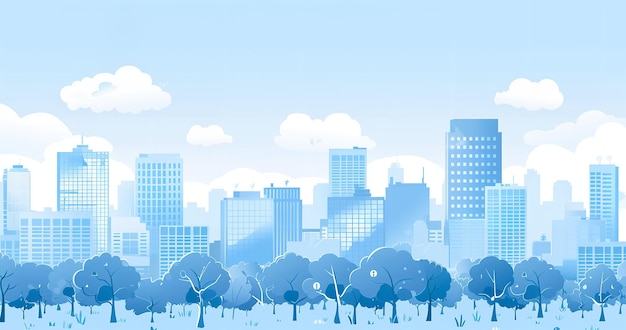 urban landscape in monochrome with clouds overhead Treelined blue city buildings Vector illustration of a modern architectural flat style Generative AI