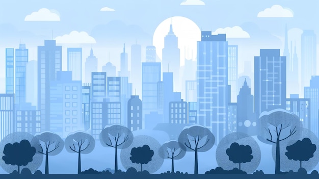 Photo urban landscape in monochrome with clouds overhead treelined blue city buildings vector illustration of a modern architectural flat style generative ai