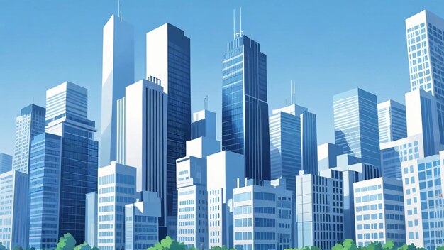 Urban landscape with modern buildings skyscrapers Simple minimal geometric flat style with blue co