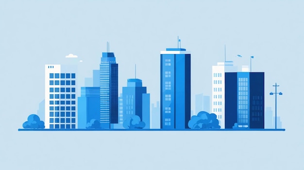 Urban landscape with modern buildings skyscrapers Simple minimal geometric flat style with blue co