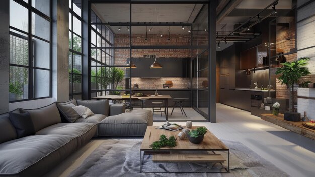 Urban loft apartments with industrial design elements and modern furniture