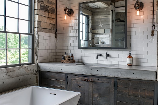 Urban Loft Bathroom Industrialstyle vanity with concrete countertop subway tile walls black fixtures