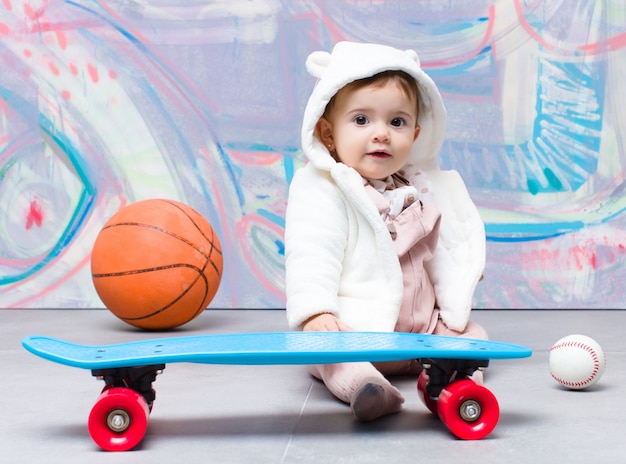 Urban look baby with skateboard