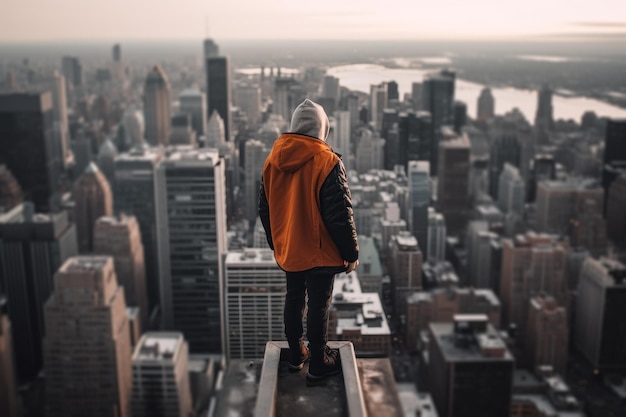 Urban man on top of a highrise building among the metropolis generative ai