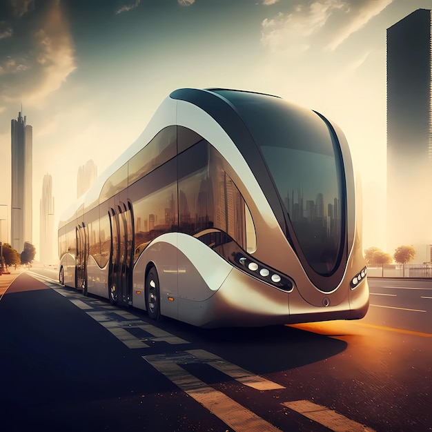 Urban mobility, ultramodern bus in the city. Coach AI generative design