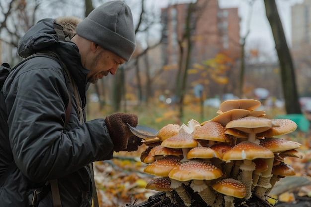 Urban mushroom foraging a forager identifying edible species in city parks