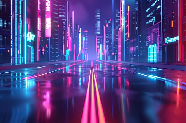 Urban Neon Glow 3D Illustration of Dark City Road with Neon Lights