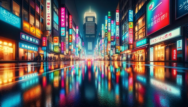 Urban Night Scene Neon Reflections Wet Street City Lights