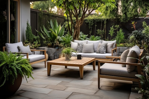 Urban Oasis A Serene Outdoor Living Space with Lush Greenery and Stylish Decor