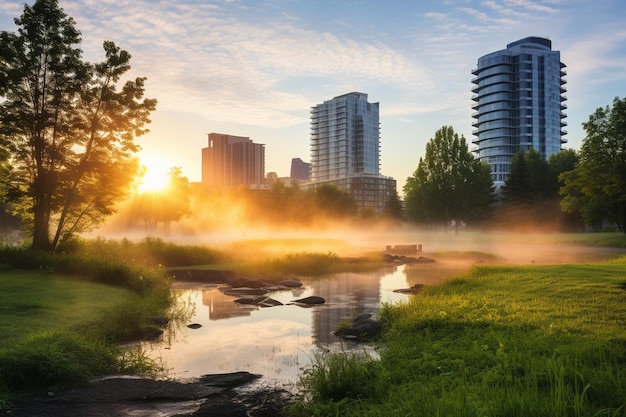 Photo urban park at dawn with mist rising from the grass and