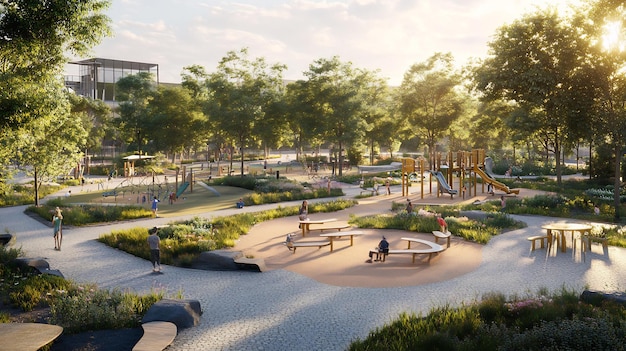 Urban park design featuring blend of public seating playground green space integrated into modern