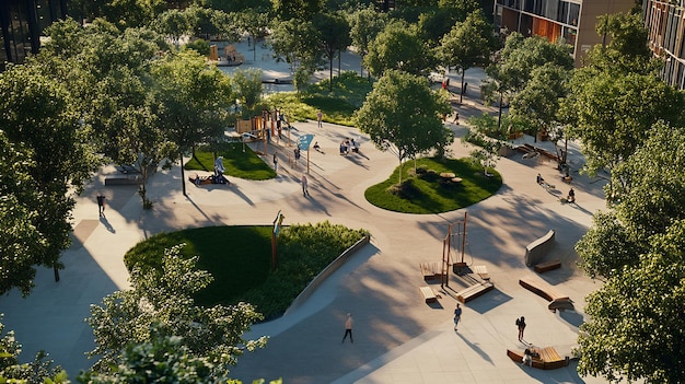 Urban park design featuring blend of public seating playground green space integrated into modern