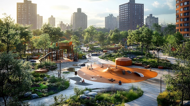 Urban park design featuring creative play space green area public art installation set bustling city