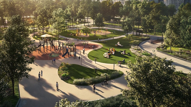 Photo urban park design playgrounds open lawns and walking trails set within a vibrant cityscape