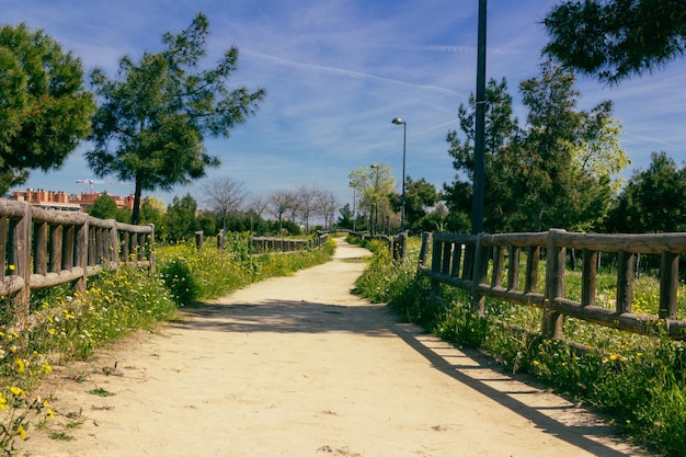 Urban park with dirt road and wooden fences with buildings in the background Copy space