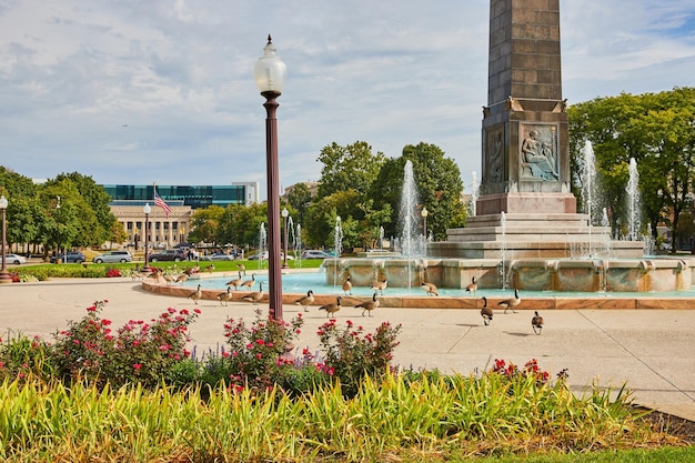 Urban Park with Fountain and Geese Indianapolis Plaza