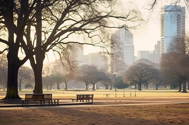 Photo urban park with tall leafless trees and city buildings