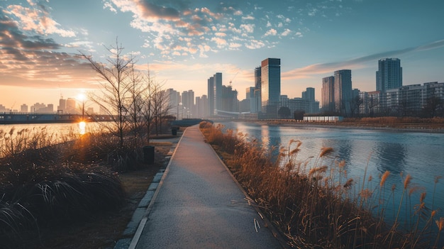 Photo urban path along a river with cityscape in the background