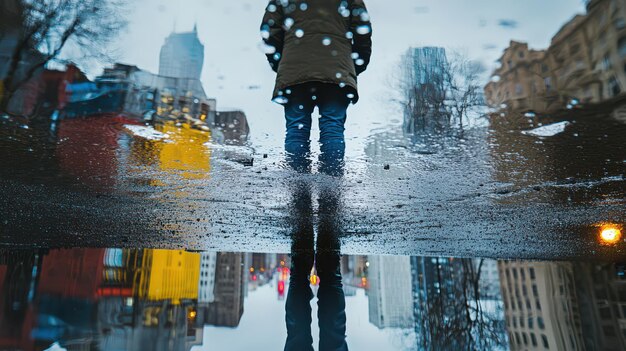 Photo urban photographers capturing reflections in puddles during rainy weather for creative inspiration