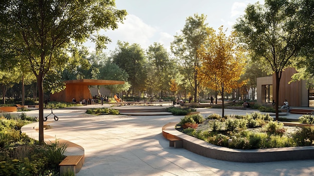 Urban plaza design mix of public seating green space artistic installation creating vibrant