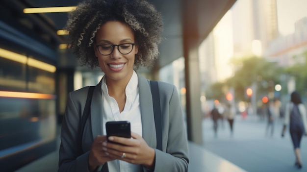 Urban Professional Bliss Smiling Businesswoman Engaged with Smartphone on City Commute to WorkxA