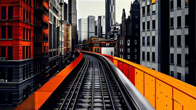 Photo urban railway tracks among modern skyscrapers and historic buildings in a vibrant cityscape