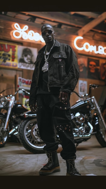 Photo urban rapper in stylish black suit posing by motorcycle gangster style black outfit mafia boss