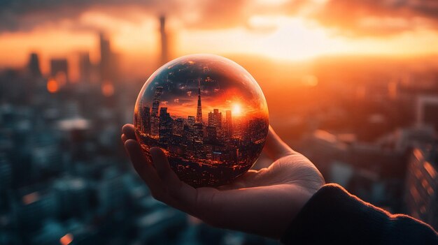 Photo urban reflection person with glass globe and city skyline portrait