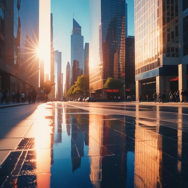 Photo urban reflections cityscape with mirrorlike building and radiant sunlight glow