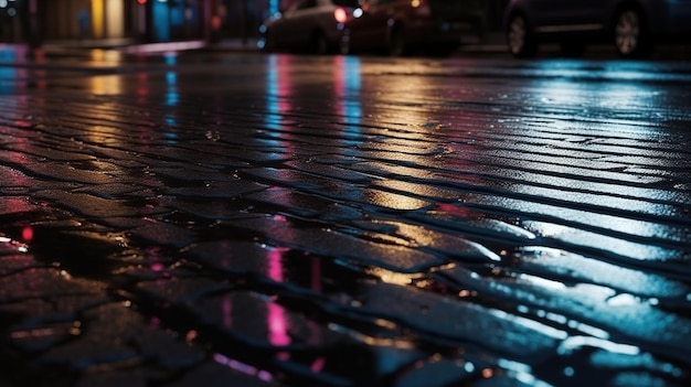 Urban Reflections of Neon Lights on Wet Asphalt Texture Generative AI