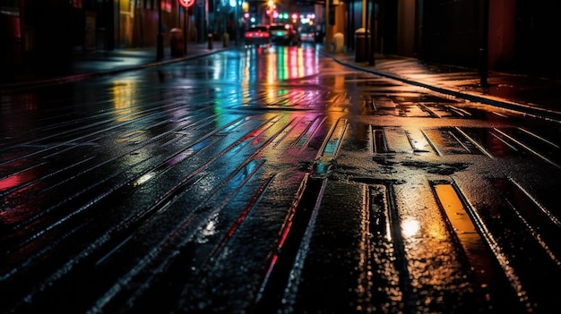 Urban Reflections of Neon Lights on Wet Asphalt Texture Generative AI