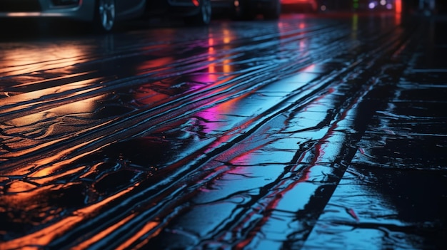 Urban Reflections of Neon Lights on Wet Asphalt Texture Generative AI